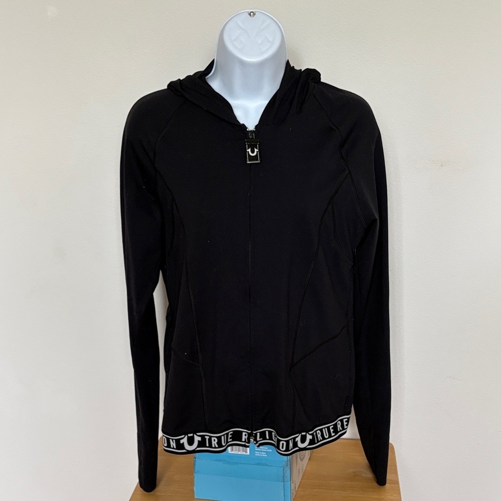 True Religion Black Zip-Up Hoodie with Logo Detail Size Large
